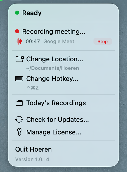 Hoeren menu bar app recording a Google Meet call